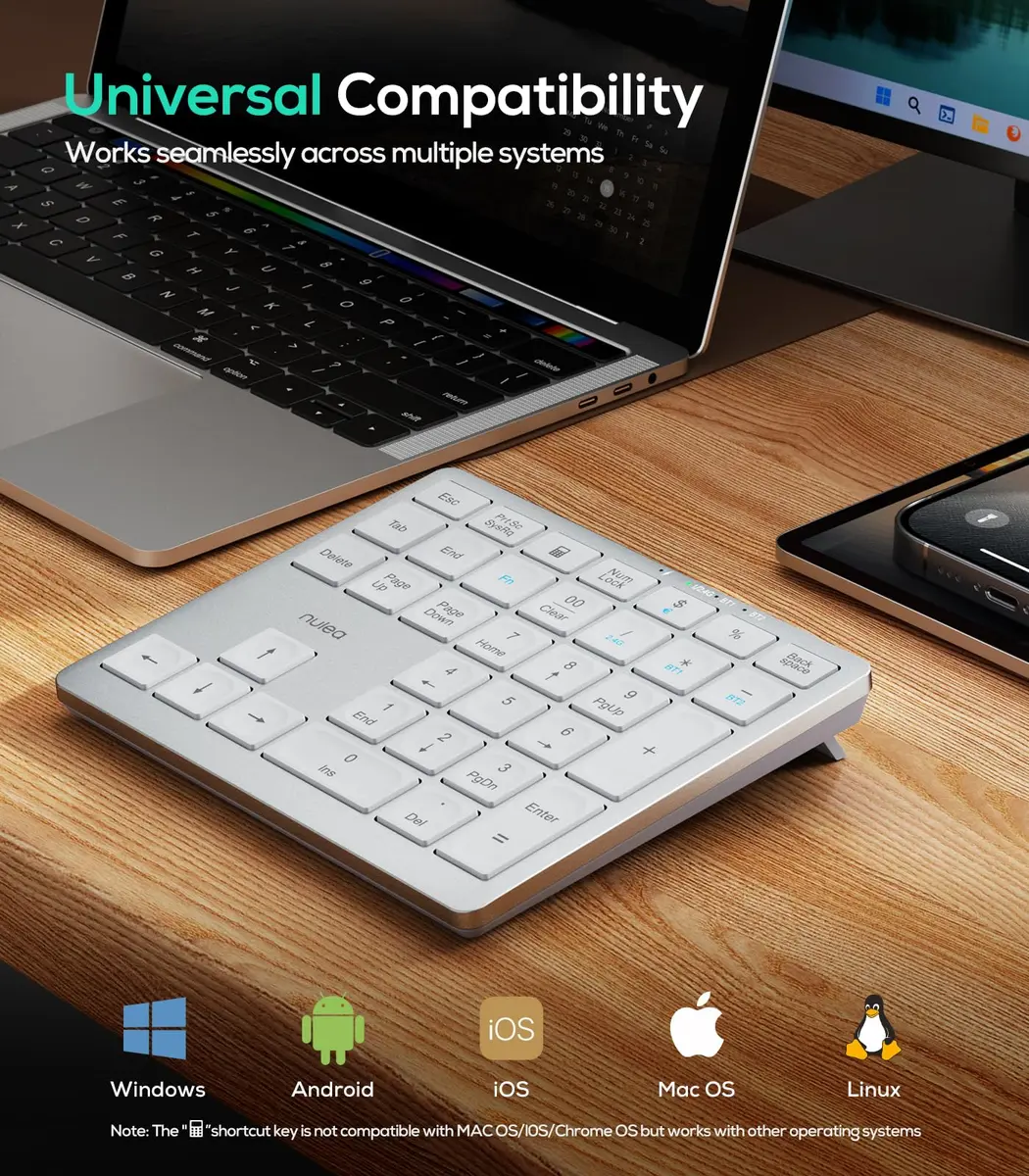 Nulea Wireless Number Pad Bluetooth 5.0 & 2.4G Numeric Keyboard, USB-C Rechargeable, 34-Keys Silvery White | Data Entry Productivity Tool - view 3