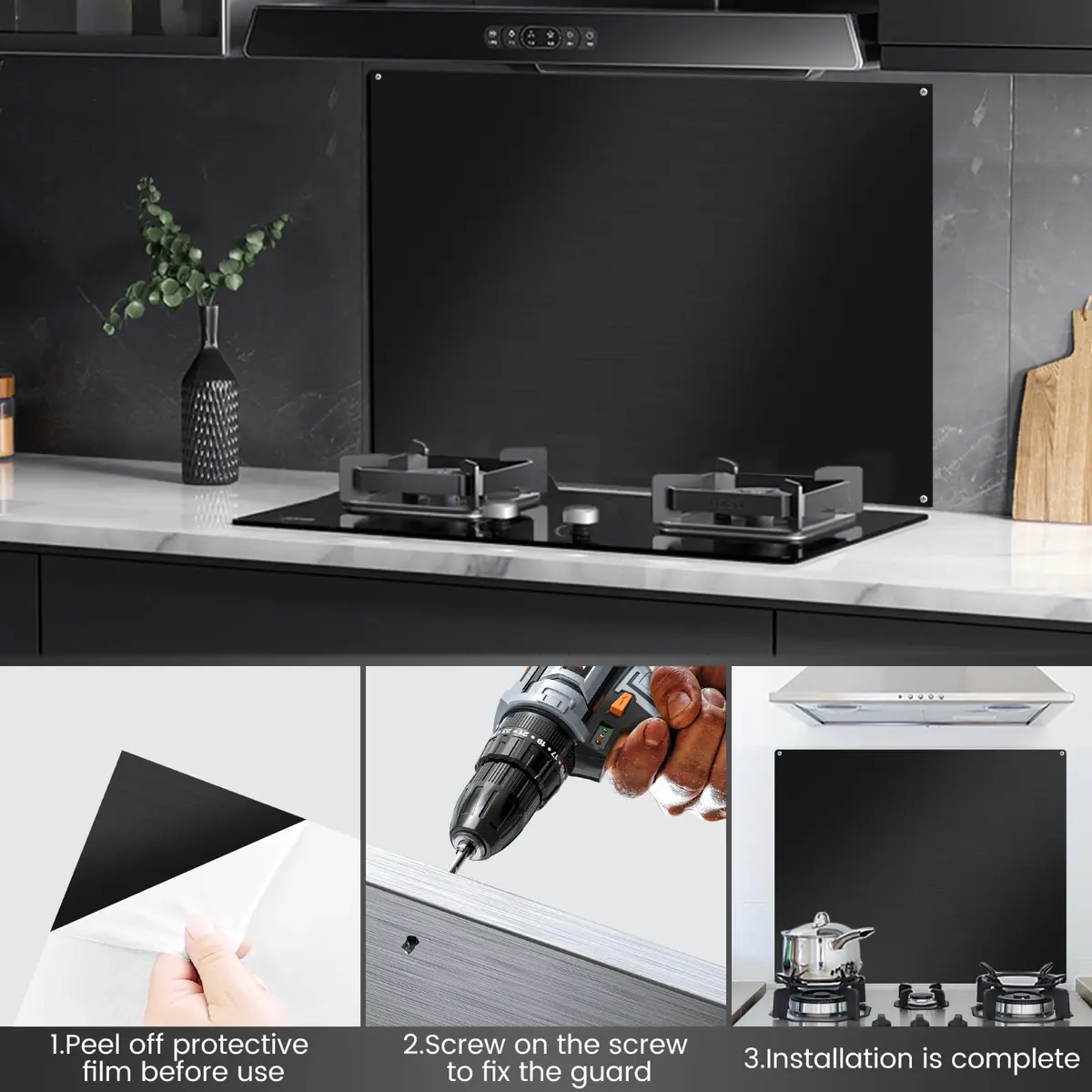 VENFAN Black Stainless Steel Backsplash Panel 75cm x 75cm (29.5" x 29.5") | Matte Finish Kitchen Wall Splatter Guard - view 4