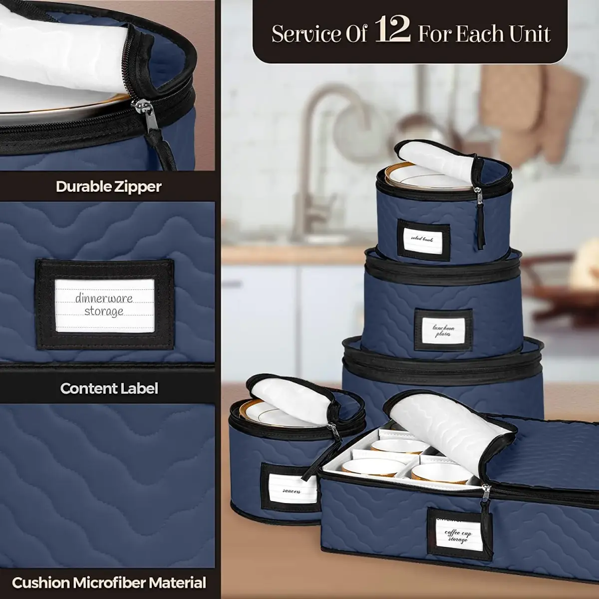 HOLDN’ STORAGE 5-Piece China Storage Container Set for 12 Place Settings | Quilted Microfiber Blue - view 6