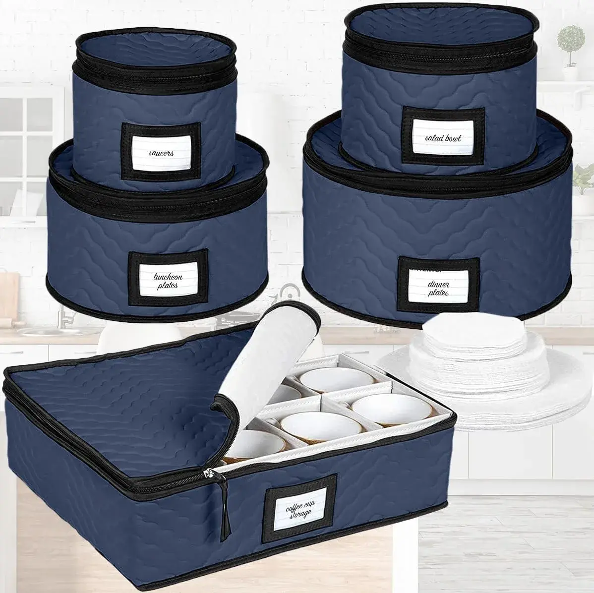 HOLDN’ STORAGE 5-Piece China Storage Container Set for 12 Place Settings | Quilted Microfiber Blue - view 7