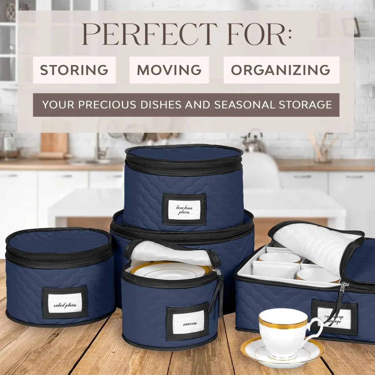 HOLDN’ STORAGE 5-Piece China Storage Container Set for 12 Place Settings | Quilted Microfiber Blue - view 2