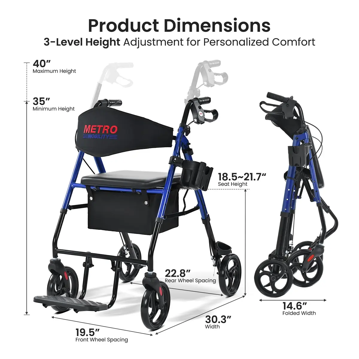 Metro Mobility Aluminum 2-in-1 Rollator Walker with Seat for Seniors, Blue | Foldable Lightweight Support - view 7