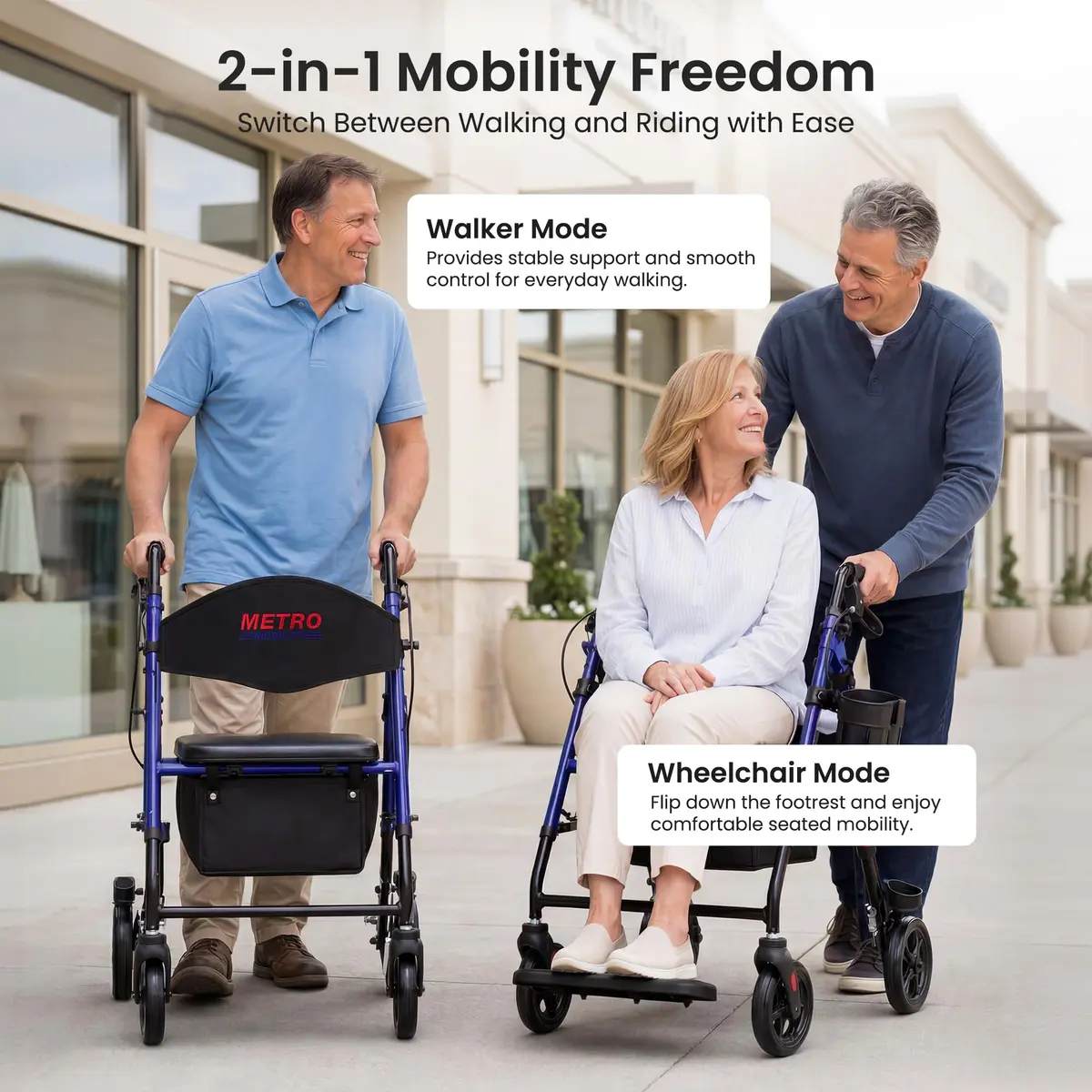 Metro Mobility Aluminum 2-in-1 Rollator Walker with Seat for Seniors, Blue | Foldable Lightweight Support - view 2