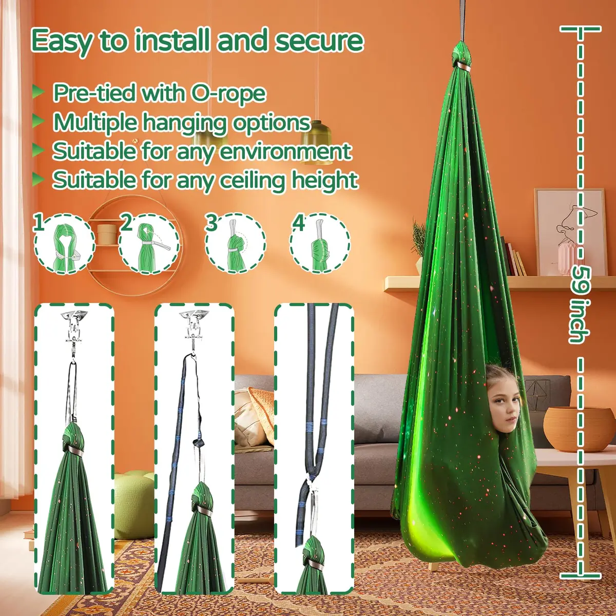 Heyfriday Sensory Swing for Kids & Adults | Adjustable Indoor & Outdoor Therapy Cuddle Swing, Holds up to 300lbs, Green - view 5