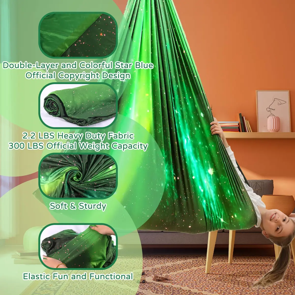 Heyfriday Sensory Swing for Kids & Adults | Adjustable Indoor & Outdoor Therapy Cuddle Swing, Holds up to 300lbs, Green - view 2