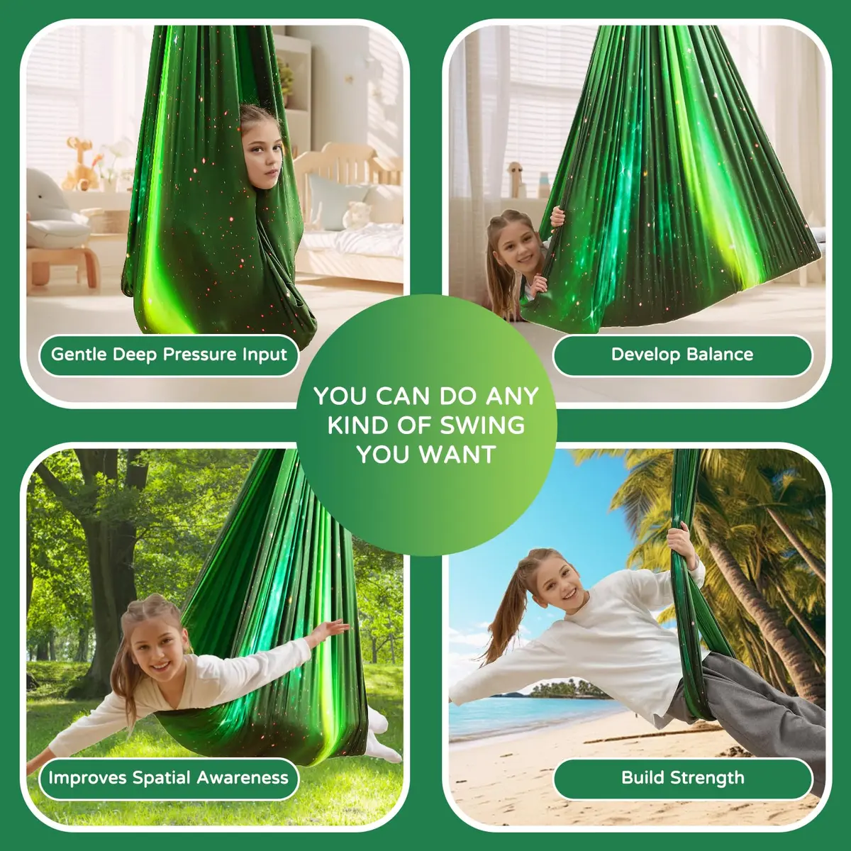 Heyfriday Sensory Swing for Kids & Adults | Adjustable Indoor & Outdoor Therapy Cuddle Swing, Holds up to 300lbs, Green - view 3