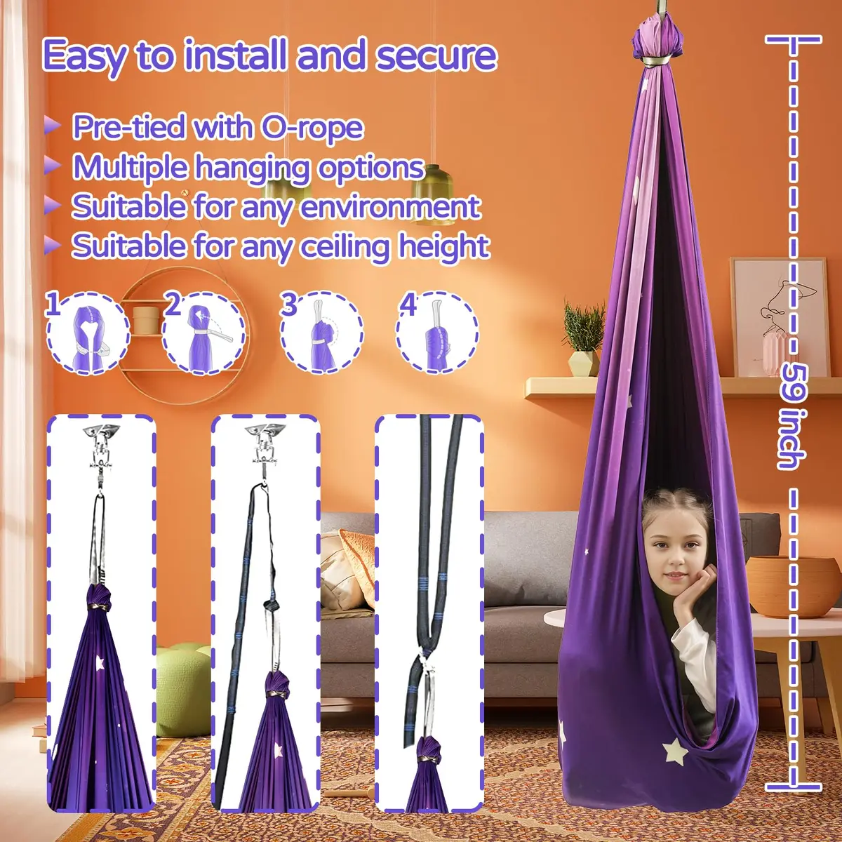 Heyfriday Sensory Swing for Kids & Adults 59in x 59in | Supports 300lbs, Adjustable, Indoor & Outdoor, 360° Swivel, Galaxy Purple - view 5