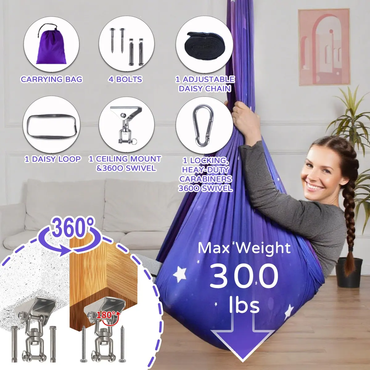 Heyfriday Sensory Swing for Kids & Adults 59in x 59in | Supports 300lbs, Adjustable, Indoor & Outdoor, 360° Swivel, Galaxy Purple - view 6