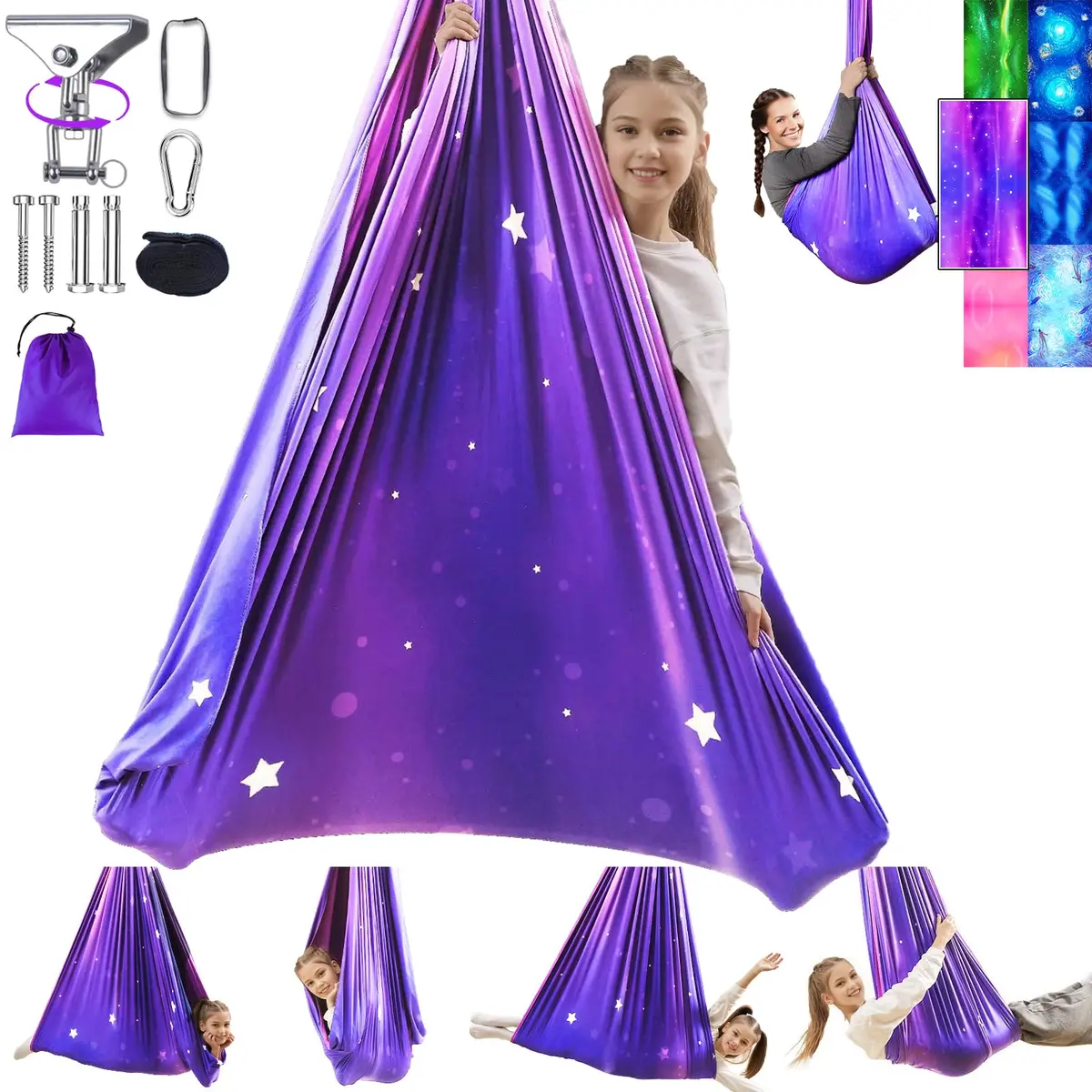 Heyfriday Sensory Swing for Kids & Adults 59in x 59in | Supports 300lbs, Adjustable, Indoor & Outdoor, 360° Swivel, Galaxy Purple - main product image