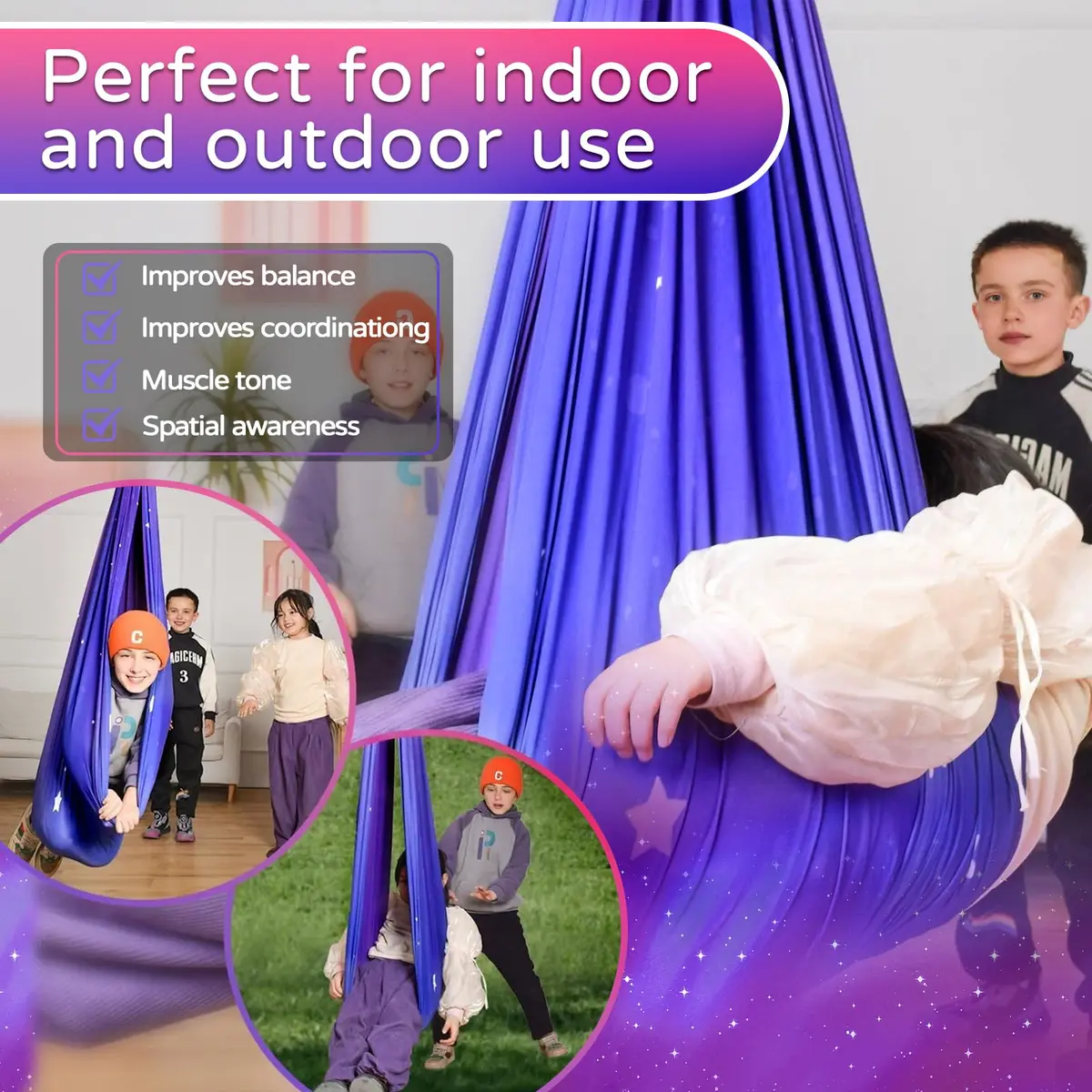 Heyfriday Sensory Swing for Kids & Adults 59in x 59in | Supports 300lbs, Adjustable, Indoor & Outdoor, 360° Swivel, Galaxy Purple - view 7