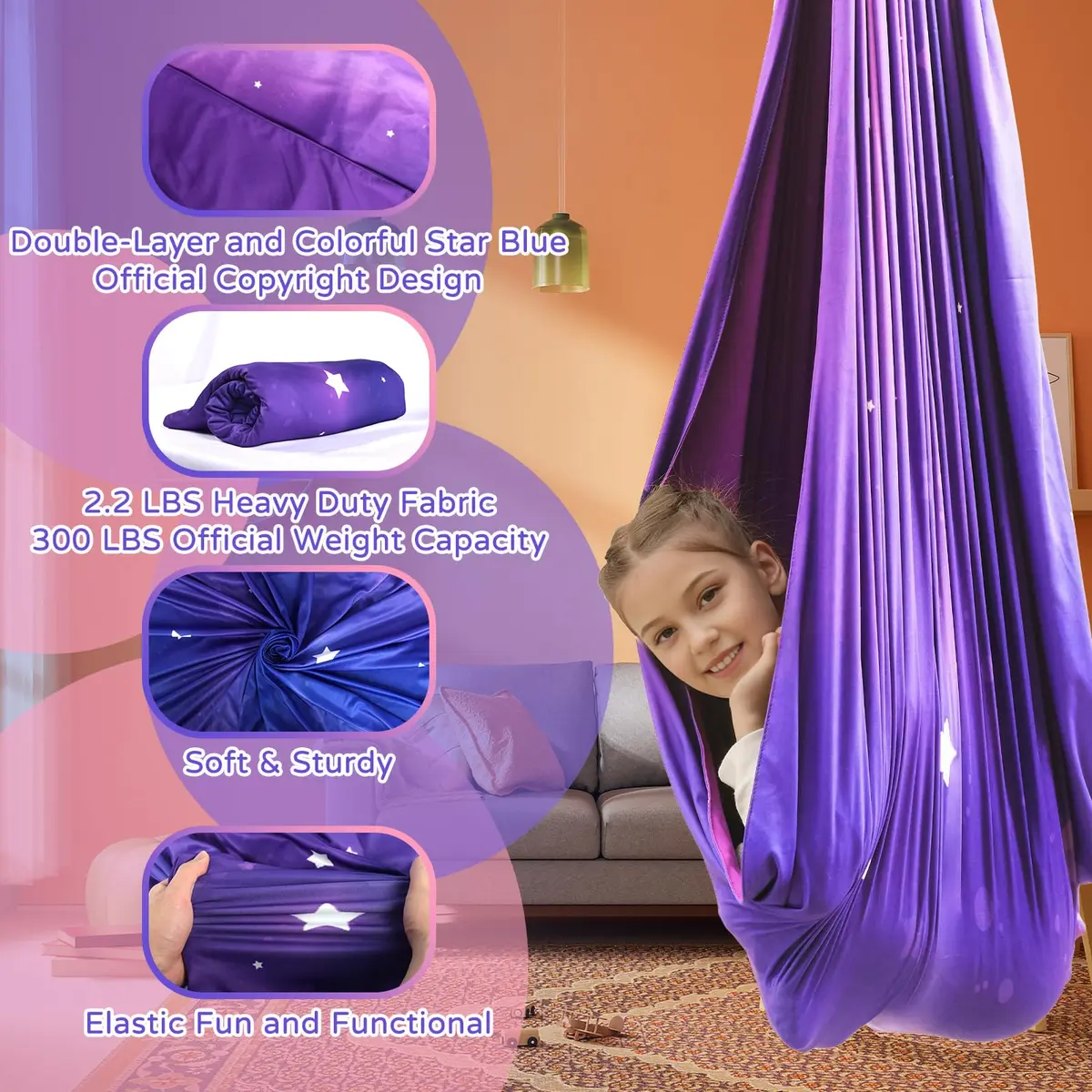 Heyfriday Sensory Swing for Kids & Adults 59in x 59in | Supports 300lbs, Adjustable, Indoor & Outdoor, 360° Swivel, Galaxy Purple - view 2