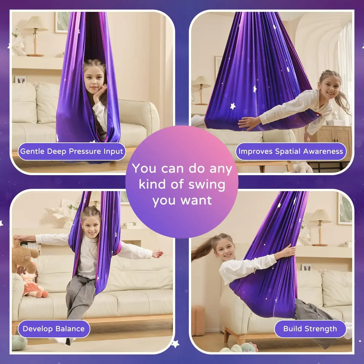 Heyfriday Sensory Swing for Kids & Adults 59in x 59in | Supports 300lbs, Adjustable, Indoor & Outdoor, 360° Swivel, Galaxy Purple - view 3