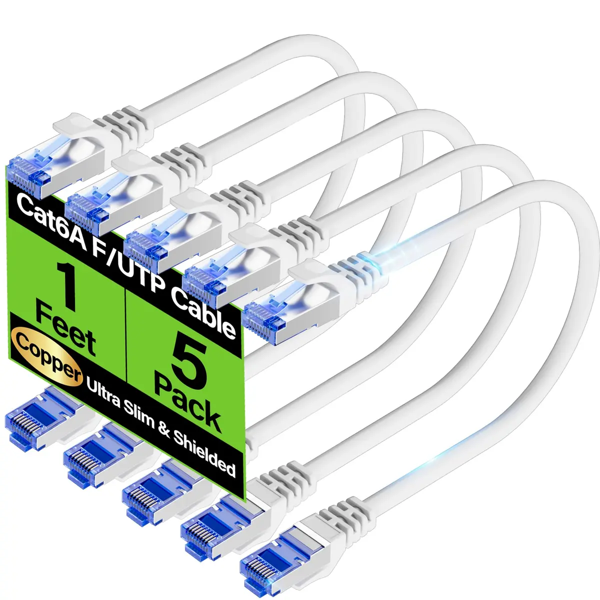 TuokaJu Cat6A Shielded Ethernet Cable 1 ft (5 Pack) | 10Gbps 550MHz Slim F/UTP Pure Copper - main product image