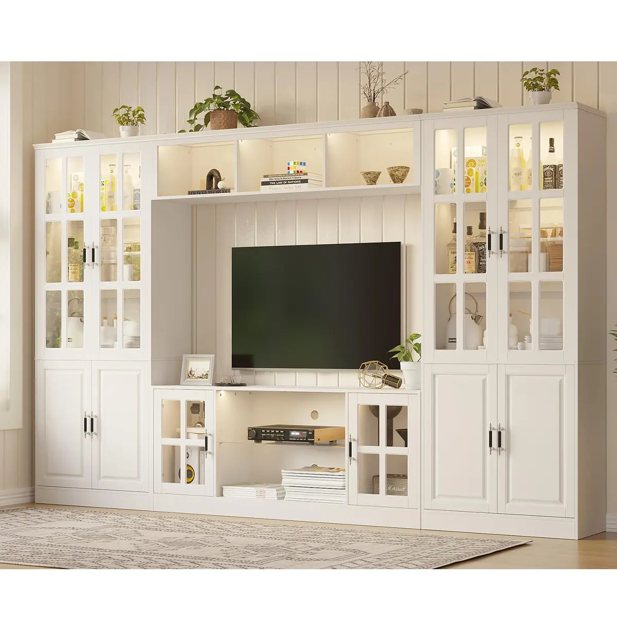 MEISSALIVVE 4-Piece Wall Unit TV Stand with Storage & LED Lights for TVs up to 75" | Modern Entertainment Center with Bookshelves & 4-Door Pantry Cabinet - main product image