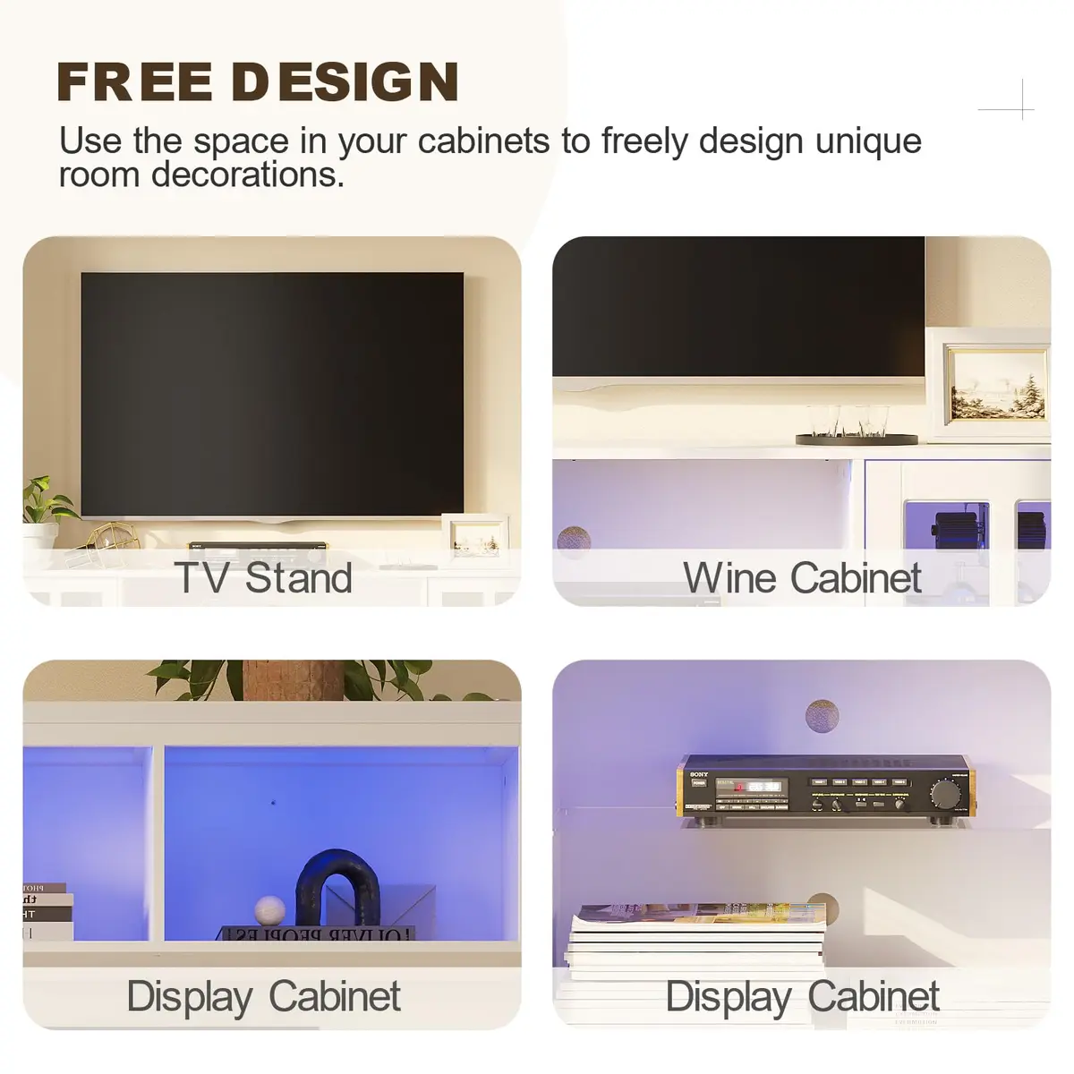 MEISSALIVVE 4-Piece Wall Unit TV Stand with Storage & LED Lights for TVs up to 75" | Modern Entertainment Center with Bookshelves & 4-Door Pantry Cabinet - view 5