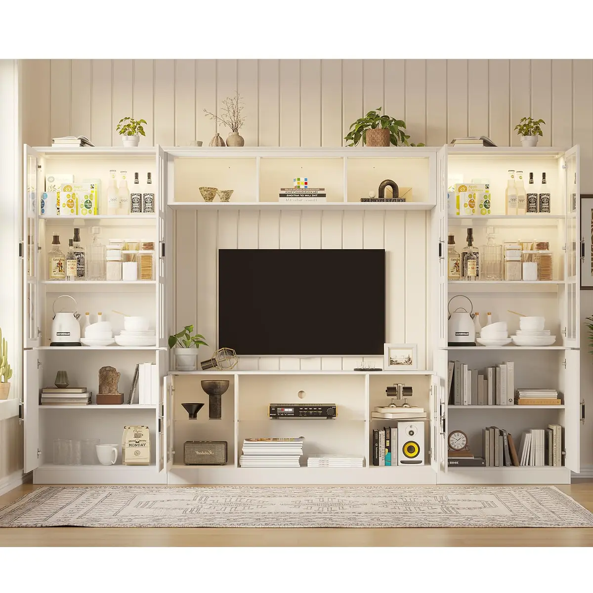 MEISSALIVVE 4-Piece Wall Unit TV Stand with Storage & LED Lights for TVs up to 75" | Modern Entertainment Center with Bookshelves & 4-Door Pantry Cabinet - view 7