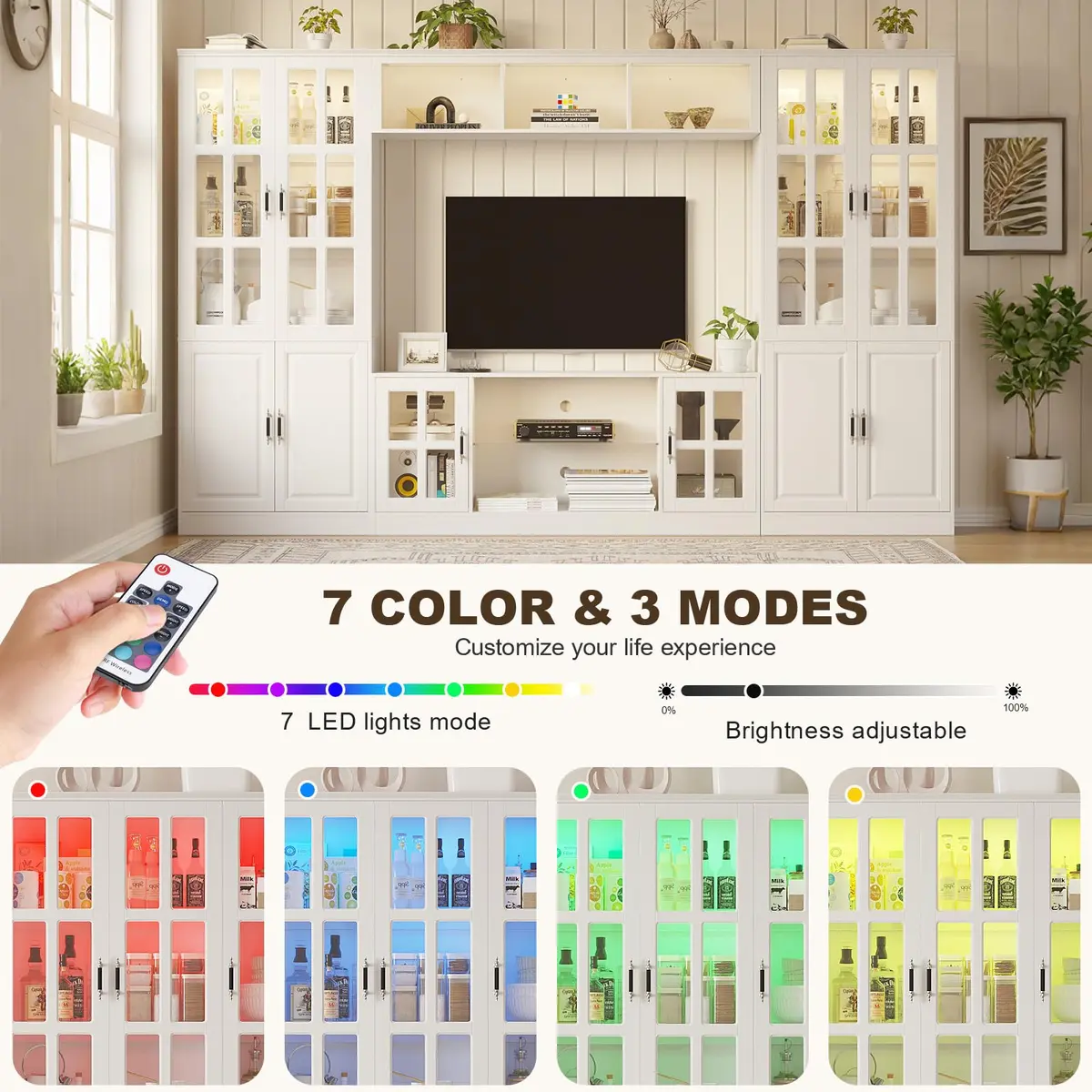 MEISSALIVVE 4-Piece Wall Unit TV Stand with Storage & LED Lights for TVs up to 75" | Modern Entertainment Center with Bookshelves & 4-Door Pantry Cabinet - view 3