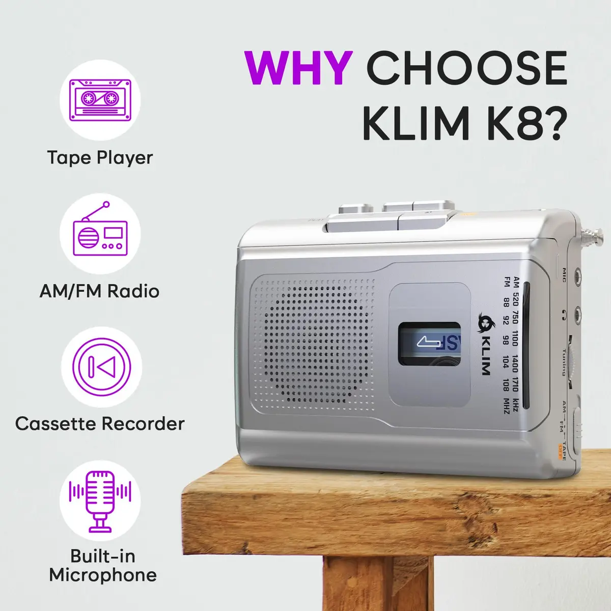 KLIM K8 Cassette Player, Portable Recorder with AM FM Radio & Built-in Speaker | Nostalgic Analog Audio - view 2