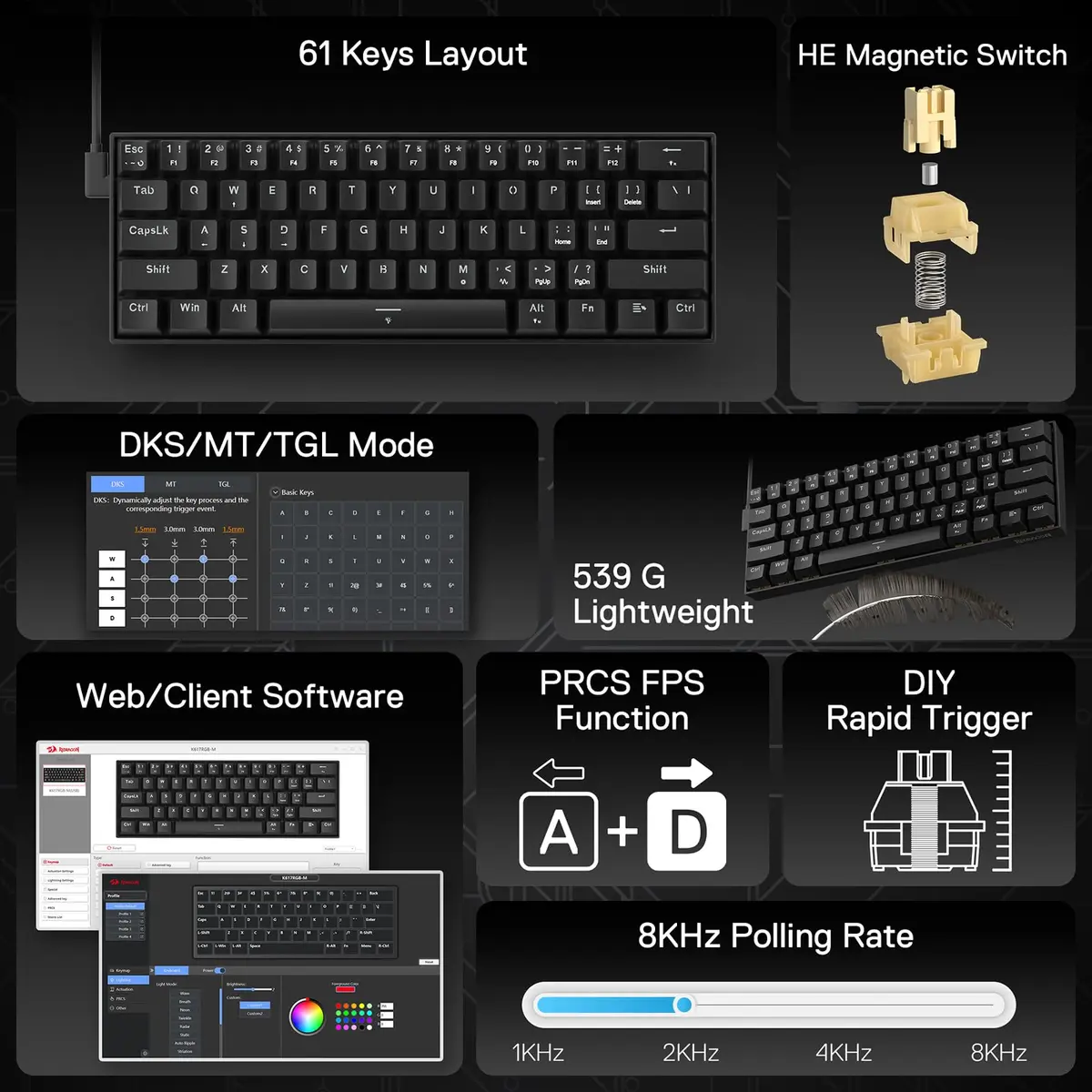 Redragon K617 HE Wired Hall-Effect Gaming Keyboard | Rapid Trigger, 60% Compact, RGB Lighting - view 2