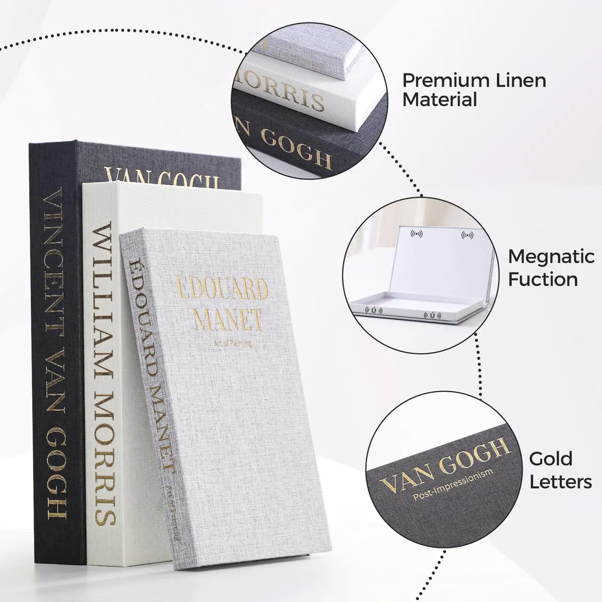 VAGLOTE Decorative Books for Home Decor Set of 3 Aesthetic Faux Book Linen Fake Books for Coffee Table Decor, Entryway and Bookshelf Decor, Hidden Storage with Magnetic Closure (3 Count, Gray-Beige-Black) - view 6