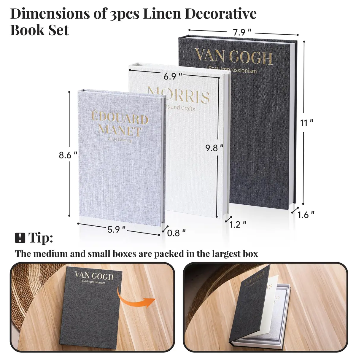 VAGLOTE Decorative Books for Home Decor Set of 3 Aesthetic Faux Book Linen Fake Books for Coffee Table Decor, Entryway and Bookshelf Decor, Hidden Storage with Magnetic Closure (3 Count, Gray-Beige-Black) - view 2