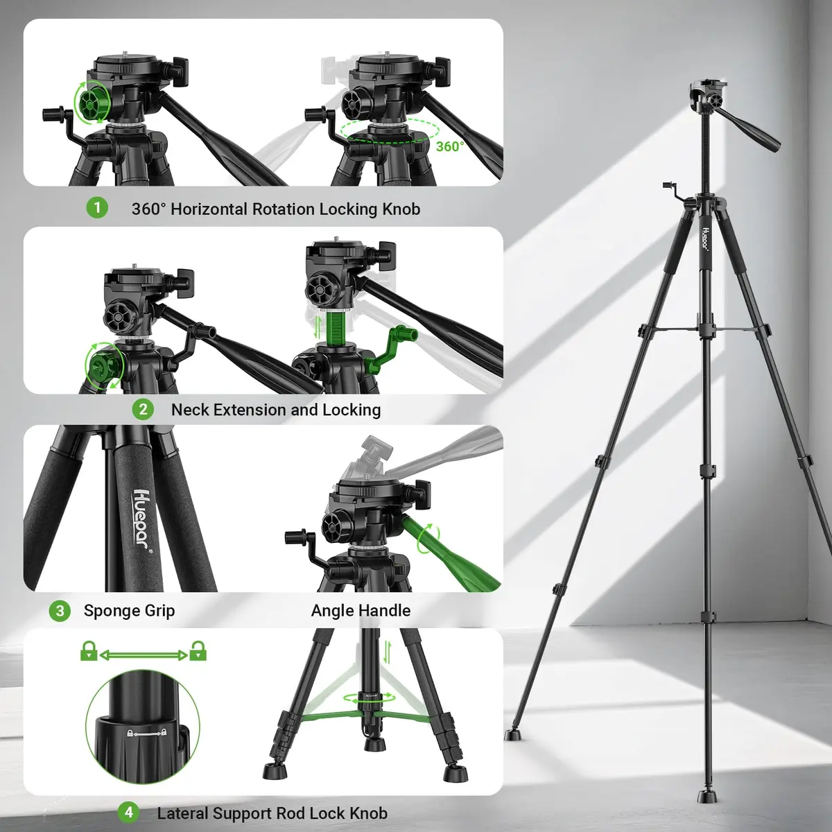 Huepar Tripod 50-inch Extendable Height | Heavy-Duty Aluminum, Universal Compatibility, 360° Pan Head - view 5