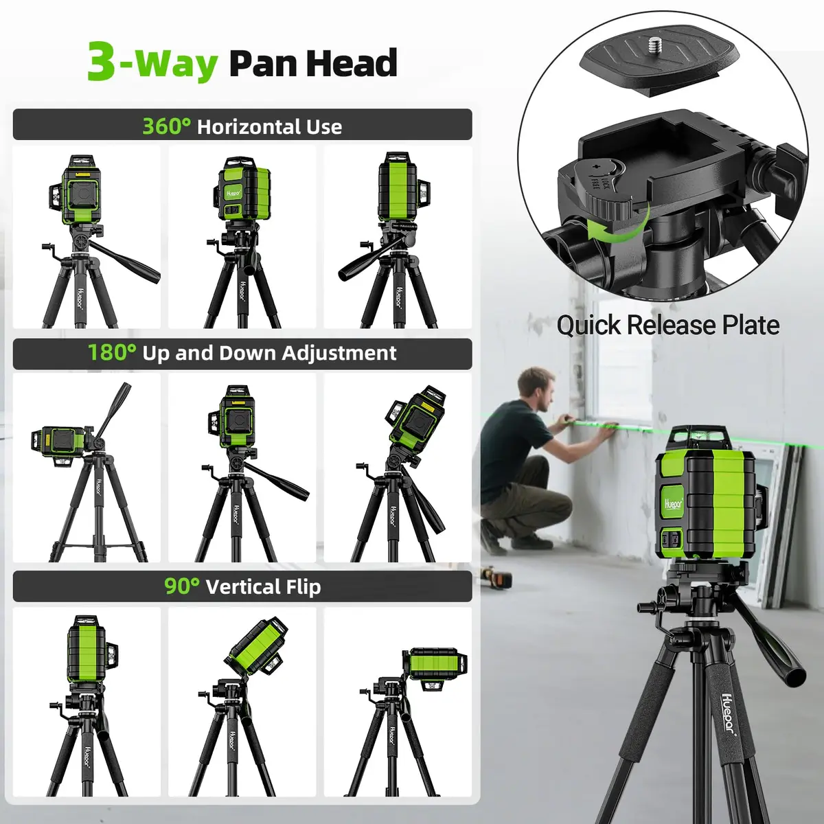 Huepar Tripod 50-inch Extendable Height | Heavy-Duty Aluminum, Universal Compatibility, 360° Pan Head - view 3