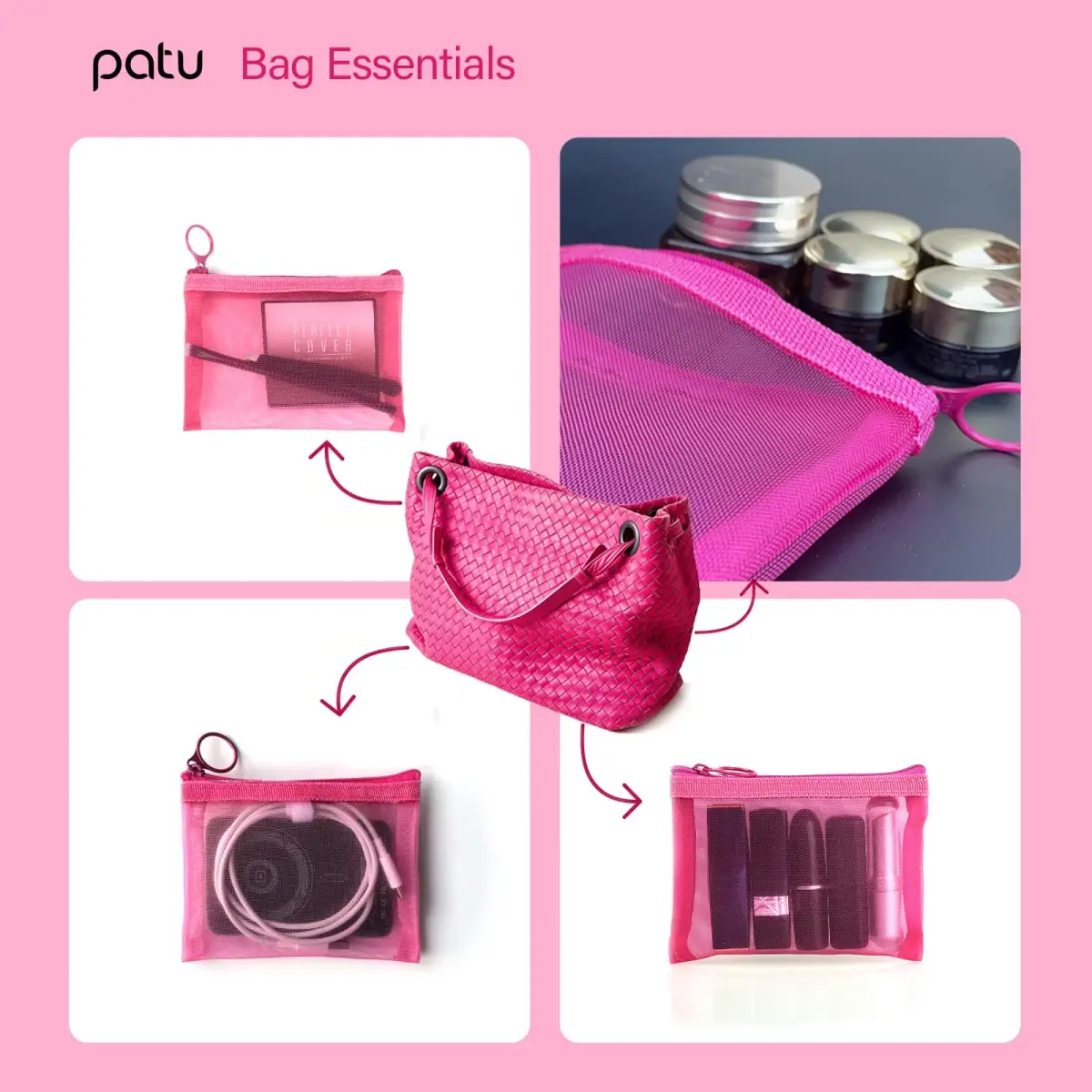 patu Zipper Mesh Bags Set of 5 (XS/S/M/L & Long Pouch) | Lightweight & Breathable Travel Toiletry Kit - view 5