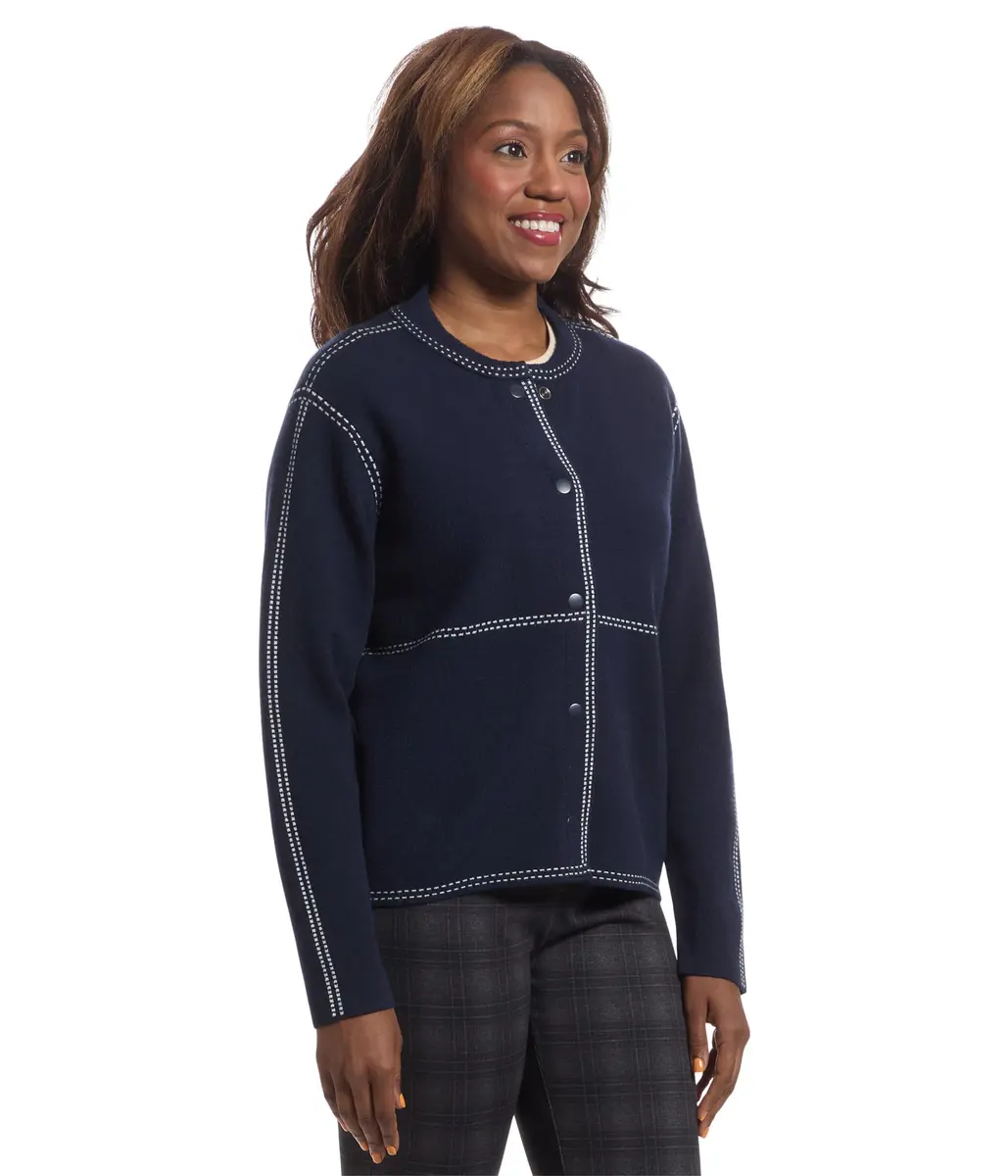 Elliott Lauren Stitch Perfect-Snap Closure Bomber Sweater, Navy | Cotton Blend, Modern Fit, Long Sleeve - view 2