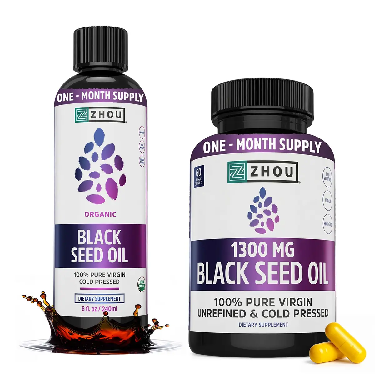 ZHOU Black Seed Oil & Capsules - 8 fl oz Bottle & 60 Capsules | Supports Hair & Skin - main product image