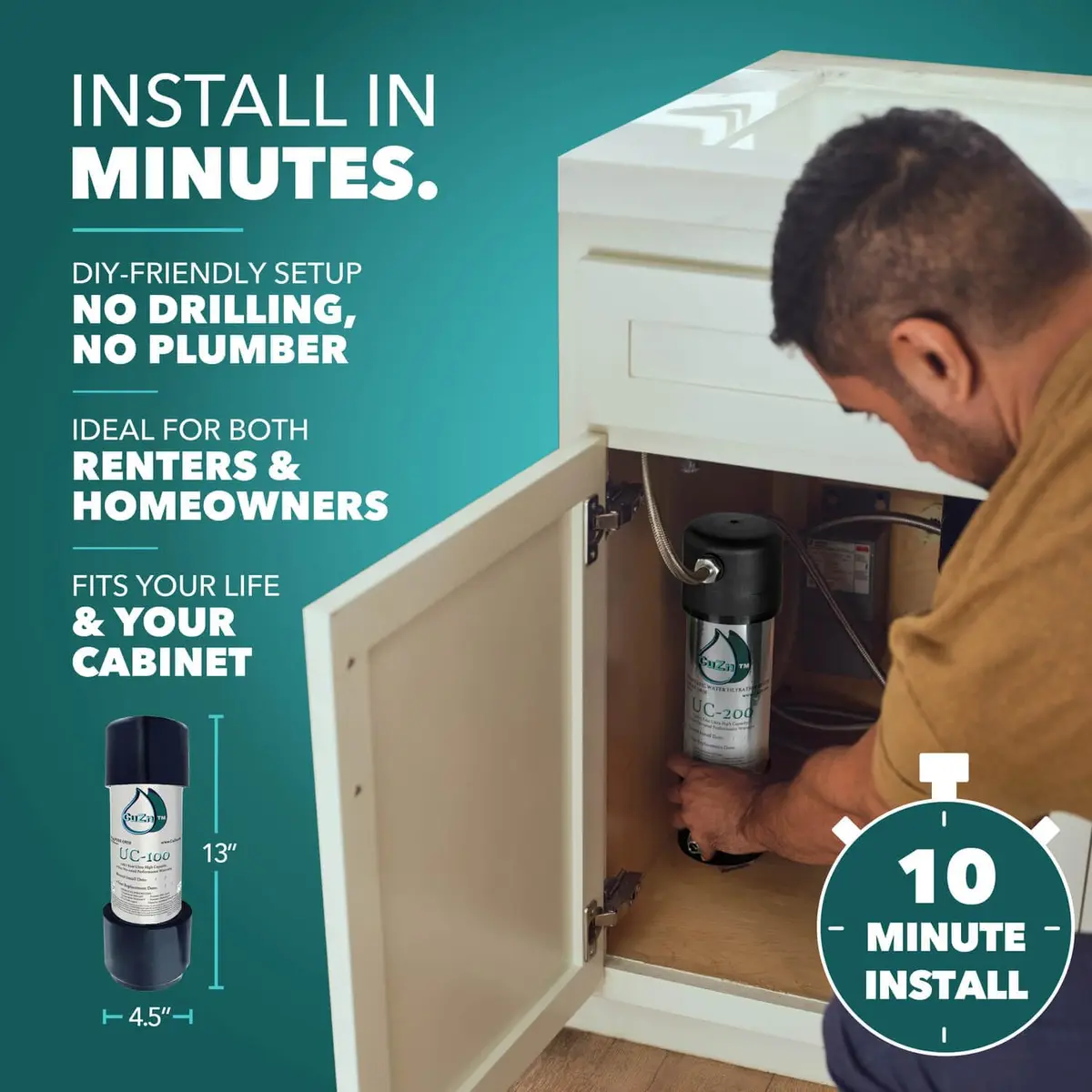 CuZn UC-100 Under Sink Water Filter 1.57 kg (3.46 lb) | 1 Year Filtration Life - view 5