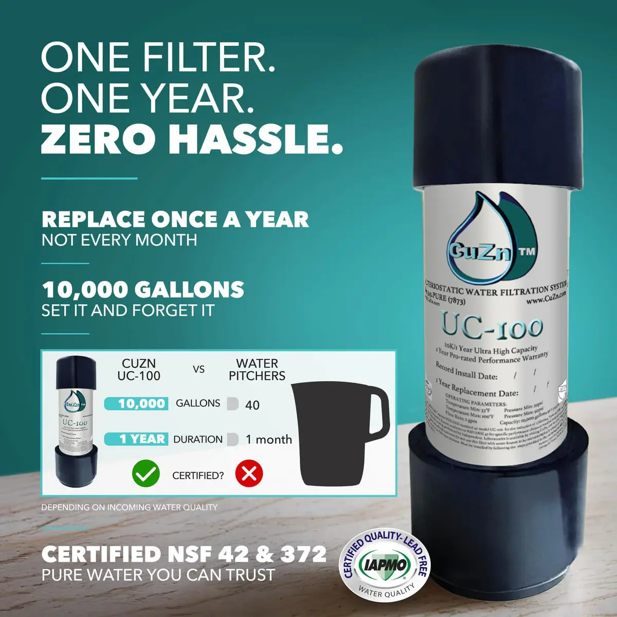 CuZn UC-100 Under Sink Water Filter 1.57 kg (3.46 lb) | 1 Year Filtration Life - view 2