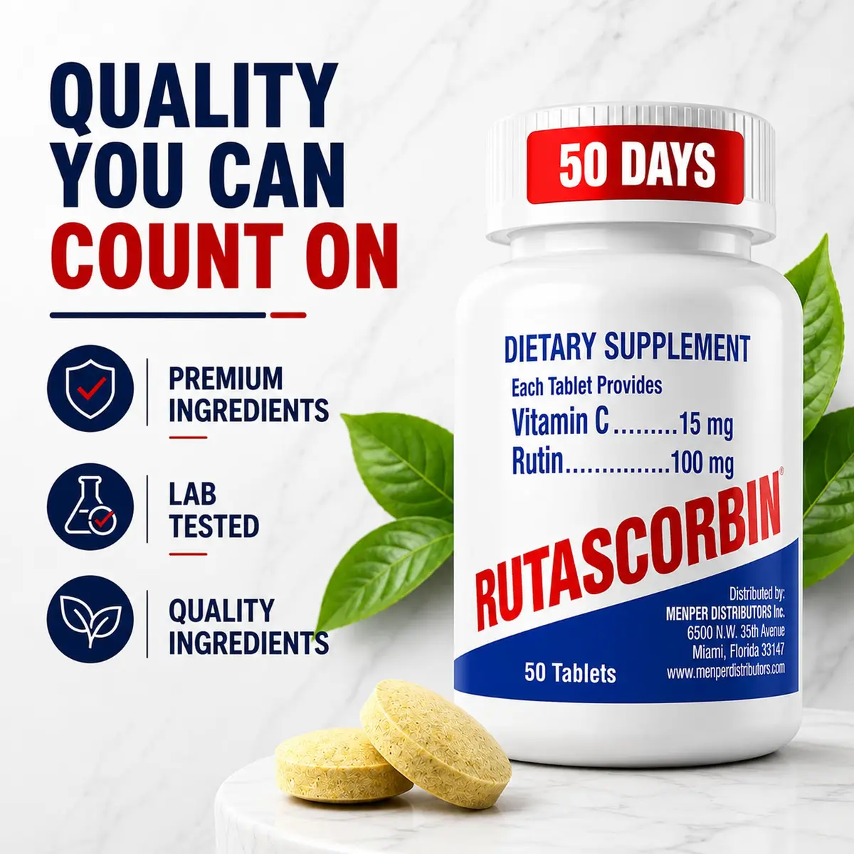 RUTASCORBIN Rutin & Vitamin C Tablets 50 Count | Immune & Circulation Support - view 5