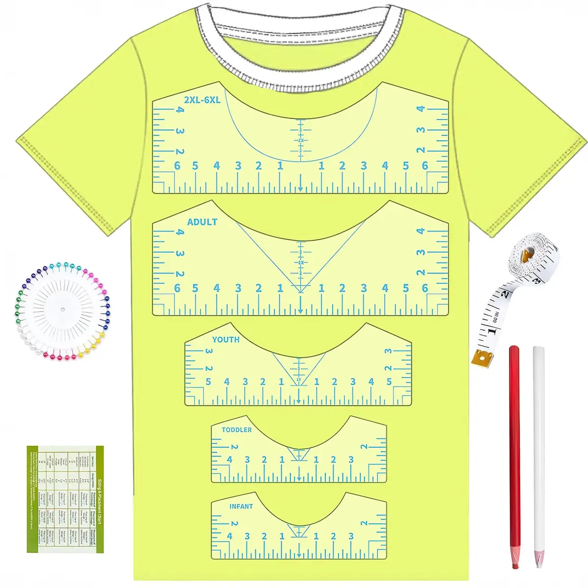 tietoc 5-Pack T-Shirt Ruler Guide for Vinyl Alignment, PVC Measurement Template for Heat Press & Vinyl Projects (Blue) - main product image