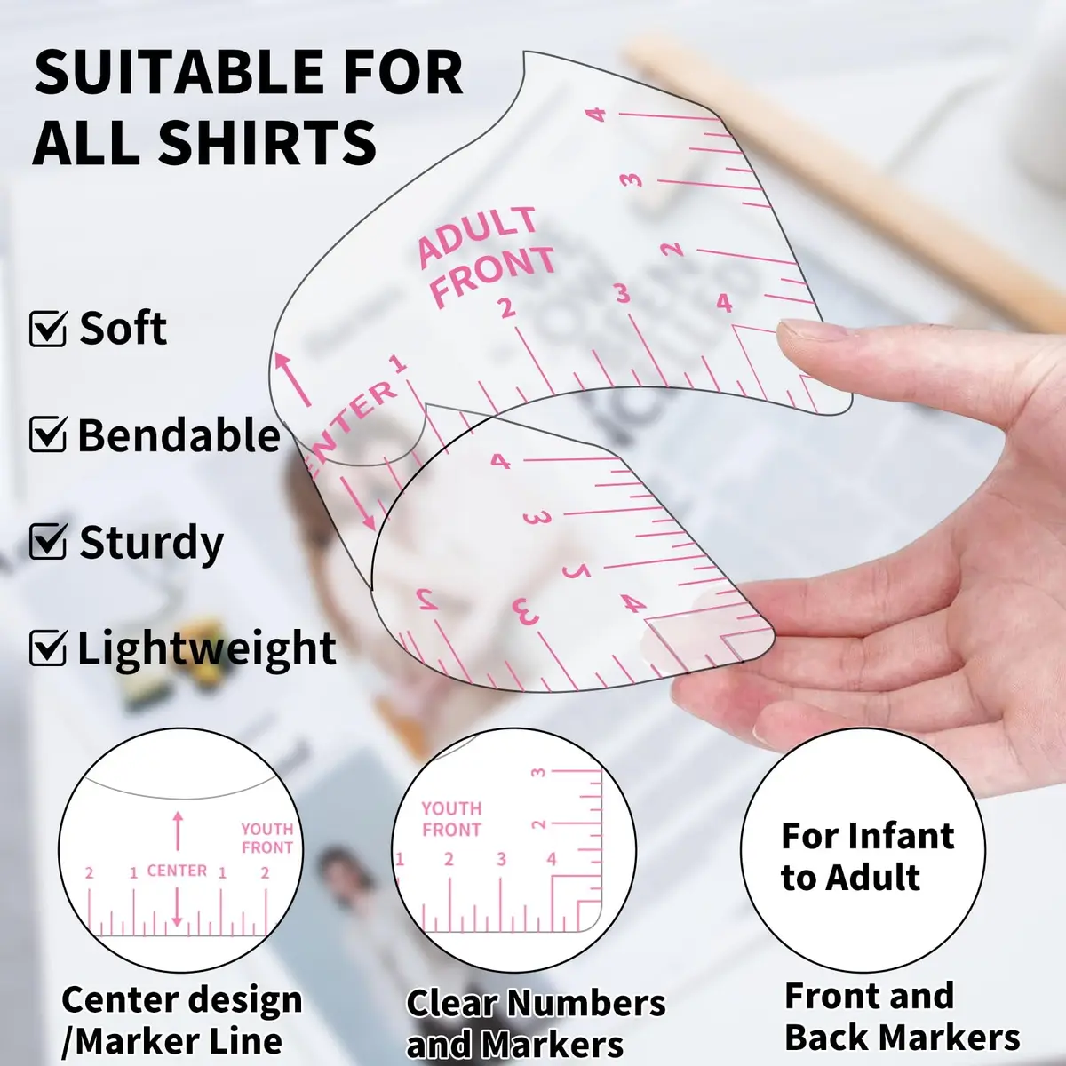 tietoc 9pcs T-Shirt Ruler Guide Set with Measuring Tape, Pink | Center Designs for Vinyl & Heat Press - view 2
