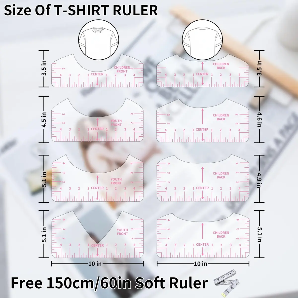tietoc 9pcs T-Shirt Ruler Guide Set with Measuring Tape, Pink | Center Designs for Vinyl & Heat Press - view 4