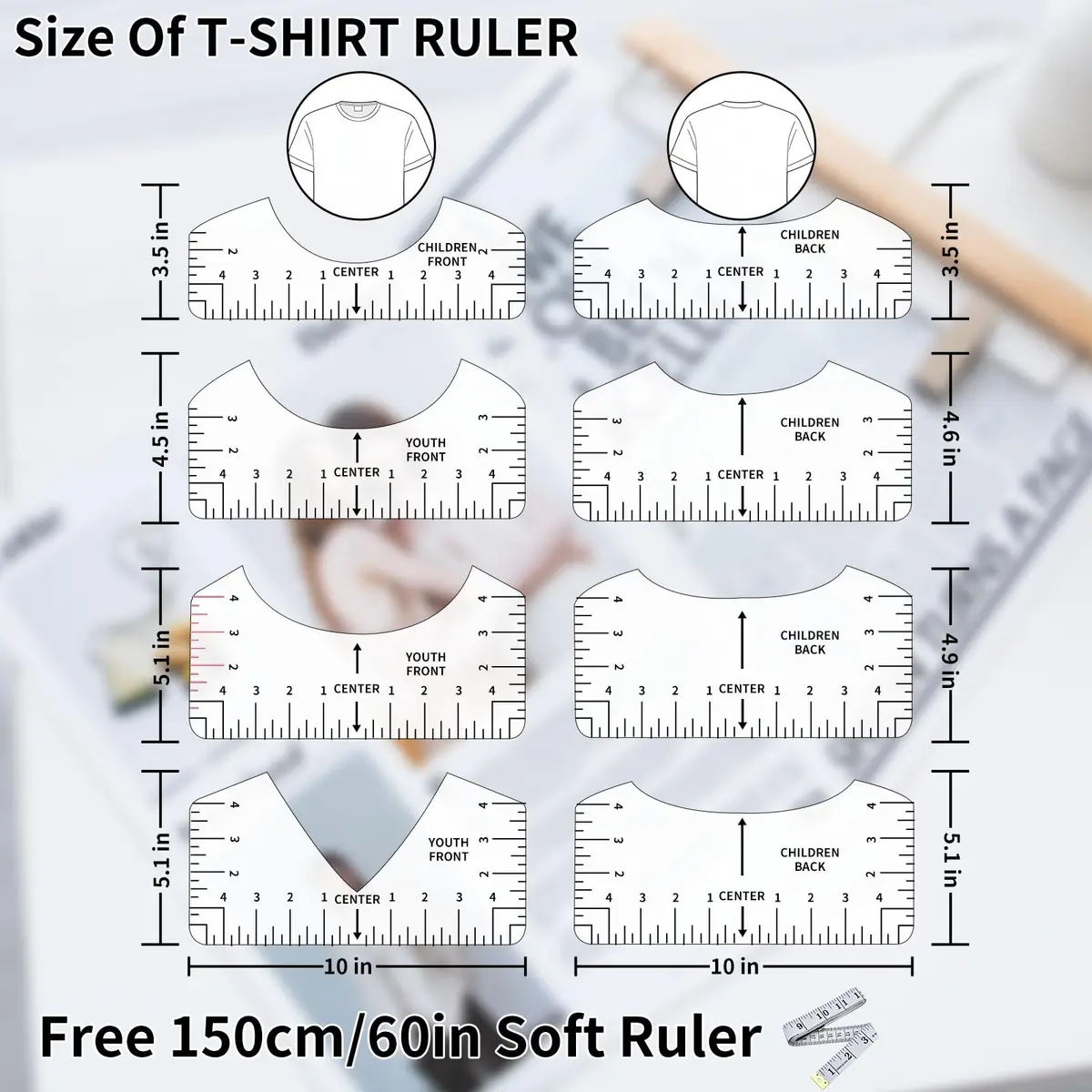 tietoc 12pcs T-Shirt Ruler Guide Set | White, 25cm (10") x 10cm (4") Adult Size Ruler | Alignment Tool for Heat Press & Vinyl - view 3
