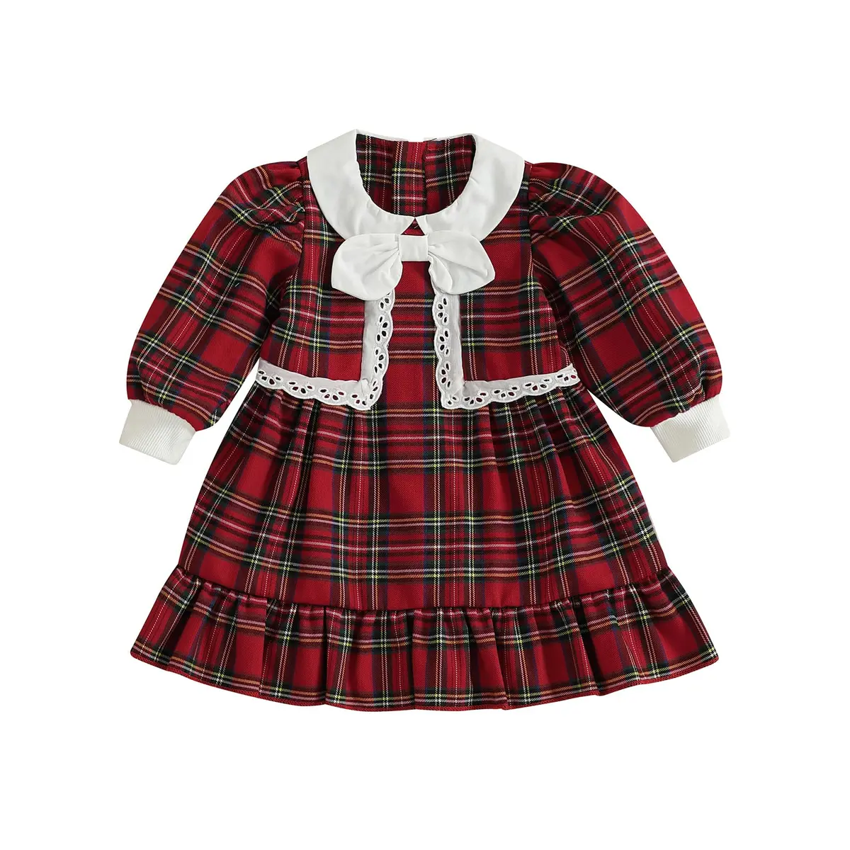 Kuriozud Toddler Baby Girl Christmas Dress 3-4T | Red Green Plaid Long Sleeve Princess Outfit - main product image
