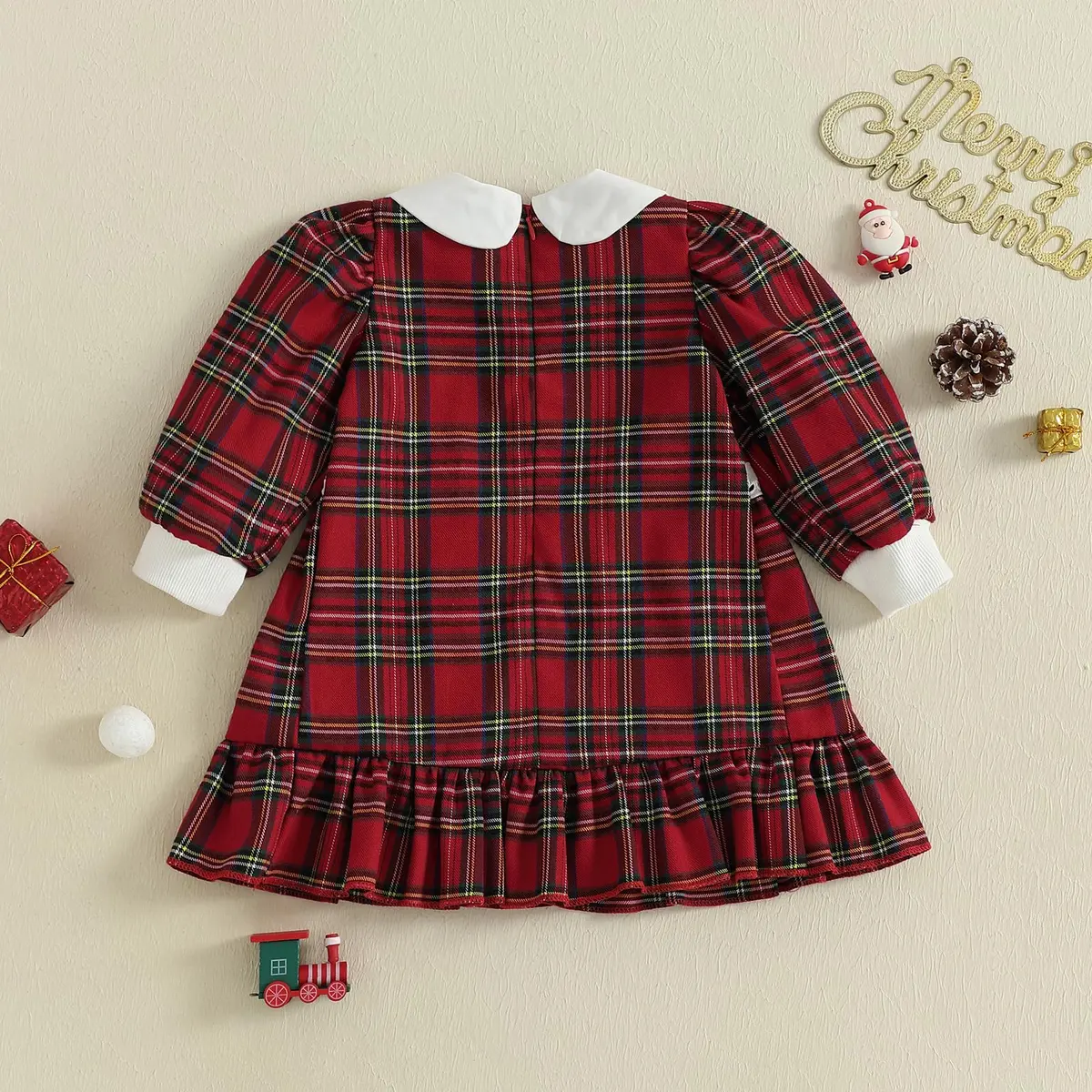 Kuriozud Toddler Baby Girl Christmas Dress 3-4T | Red Green Plaid Long Sleeve Princess Outfit - view 5
