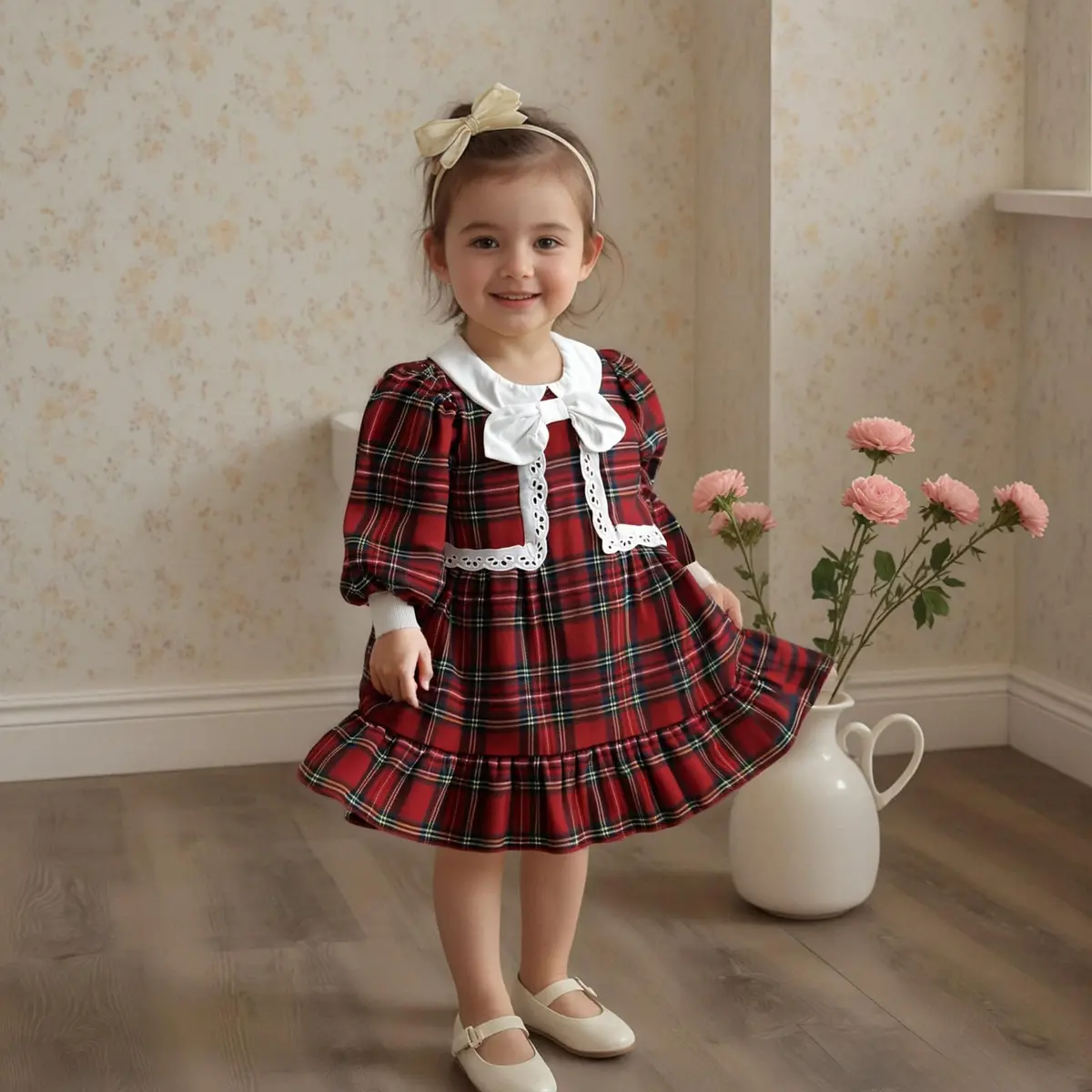 Kuriozud Toddler Baby Girl Christmas Dress 3-4T | Red Green Plaid Long Sleeve Princess Outfit - view 2
