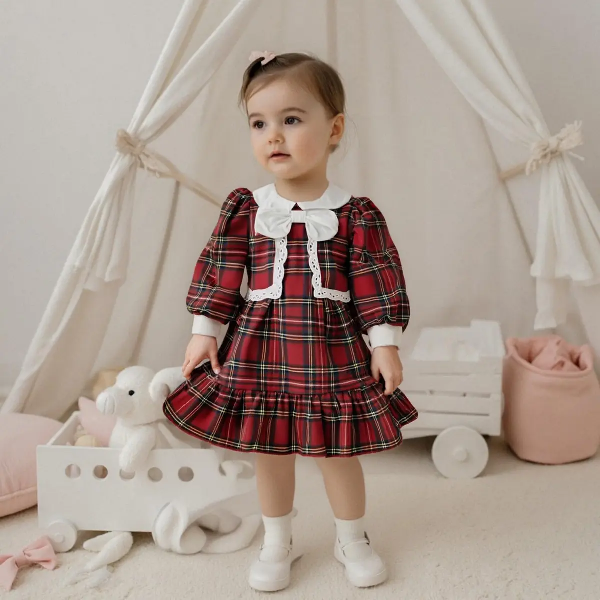 Kuriozud Toddler Baby Girl Christmas Dress 3-4T | Red Green Plaid Long Sleeve Princess Outfit - view 3