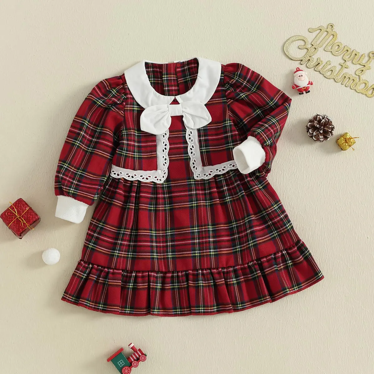 Kuriozud Toddler Baby Girl Christmas Dress 3-4T | Red Green Plaid Long Sleeve Princess Outfit - view 4