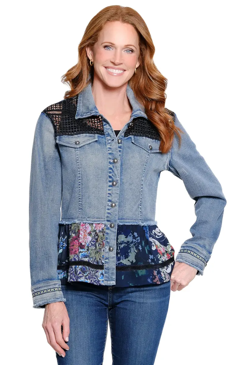 john mark Denim Button Front 3/4 Sleeves Jacket with Lace and Print Details | Elegant Casual Women's Coat - main product image