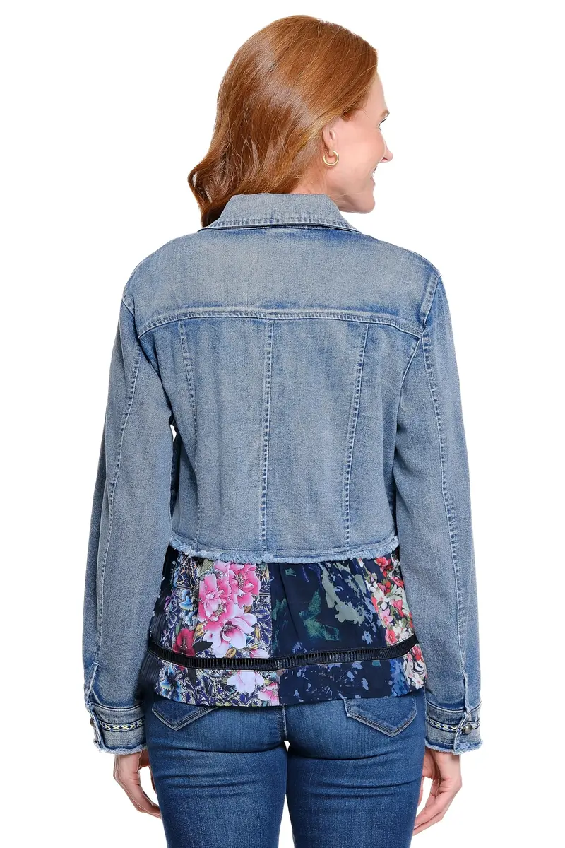 john mark Denim Button Front 3/4 Sleeves Jacket with Lace and Print Details | Elegant Casual Women's Coat - view 2