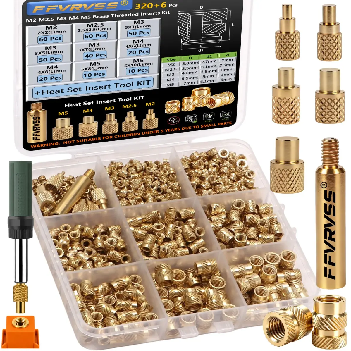 FFVRVSS Brass Threaded Inserts Kit M2-M5 (320+6 pcs) | Heat Set for 3D Printing & Plastics - main product image