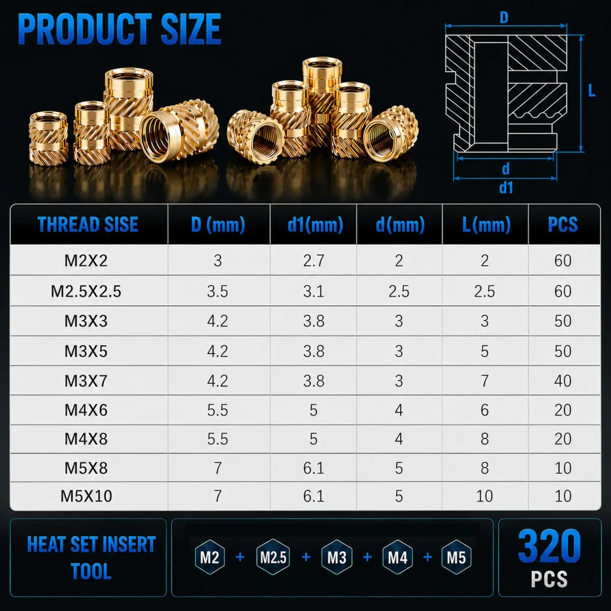 FFVRVSS Brass Threaded Inserts Kit M2-M5 (320+6 pcs) | Heat Set for 3D Printing & Plastics - view 7