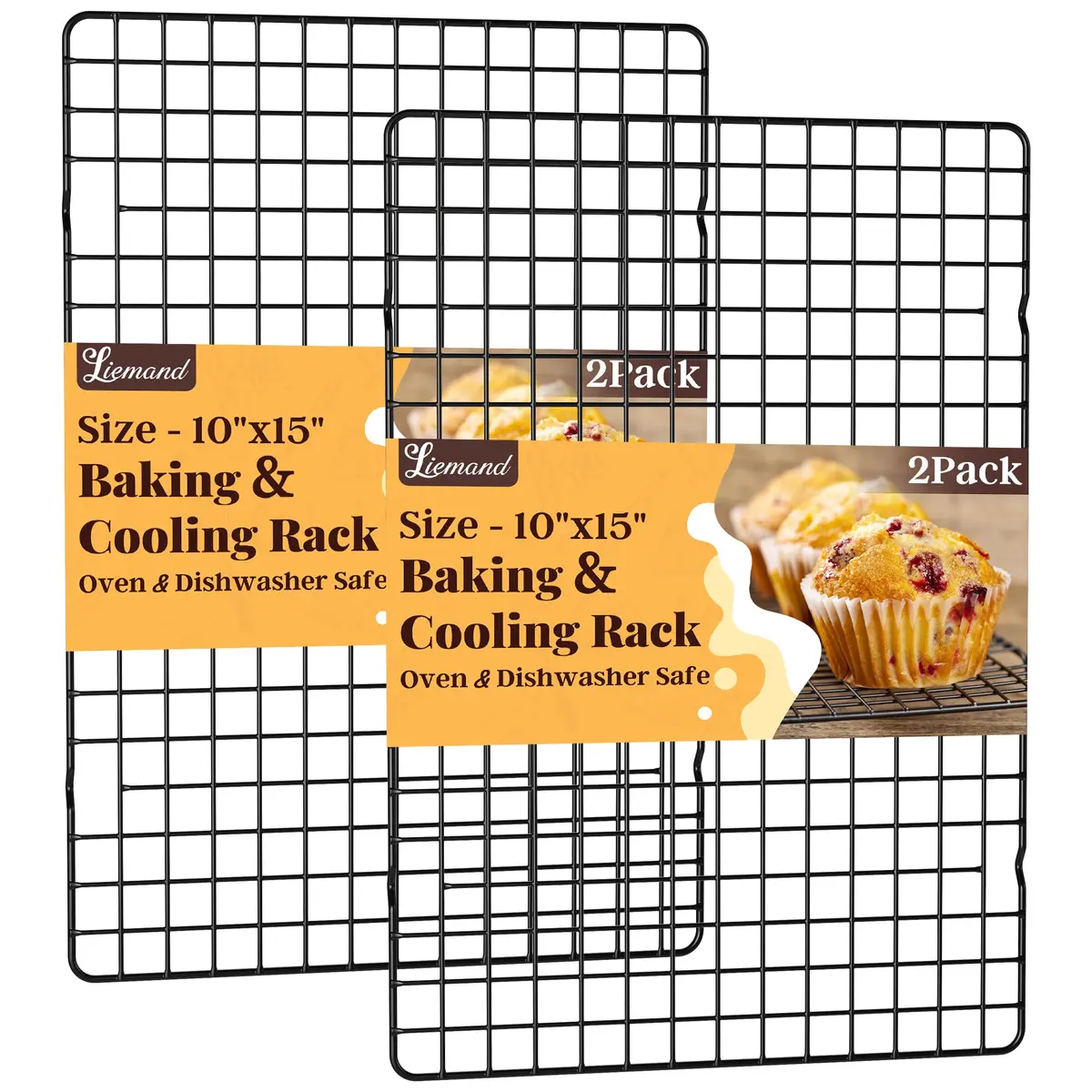 LIEMAND Black 2 PCS 25cm x 38cm (10" x 15") Grid Wire Baking Cooling Racks | Oven Safe & Dishwasher Safe - main product image
