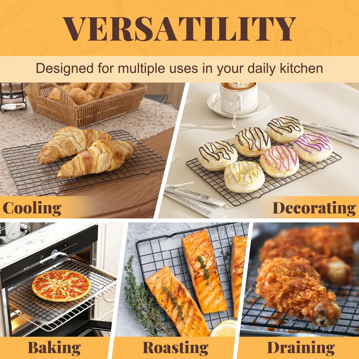 LIEMAND Black 2 PCS 25cm x 38cm (10" x 15") Grid Wire Baking Cooling Racks | Oven Safe & Dishwasher Safe - view 6