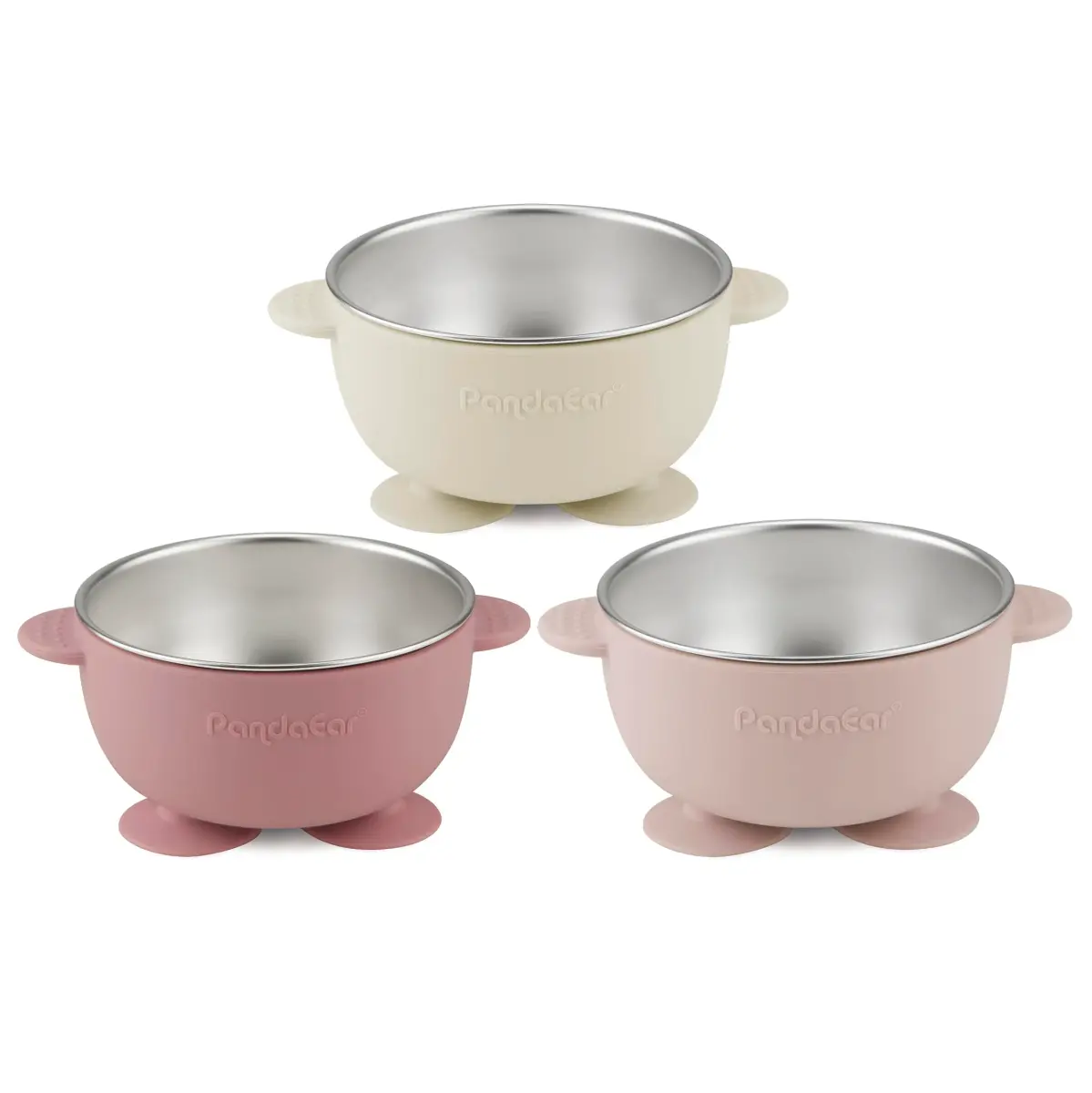 PandaEar 3 Pack Stainless Steel Suction Baby Bowls & 3 Spoons | BPA-Free Toddler Feeding Set (Pink White) - view 4
