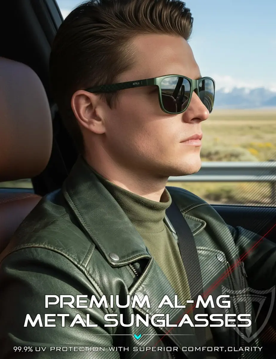ATTCL Army Green-Grey Polarized Sunglasses for Men - Al-Mg Metal Ultralight Rectangular Frame - view 2